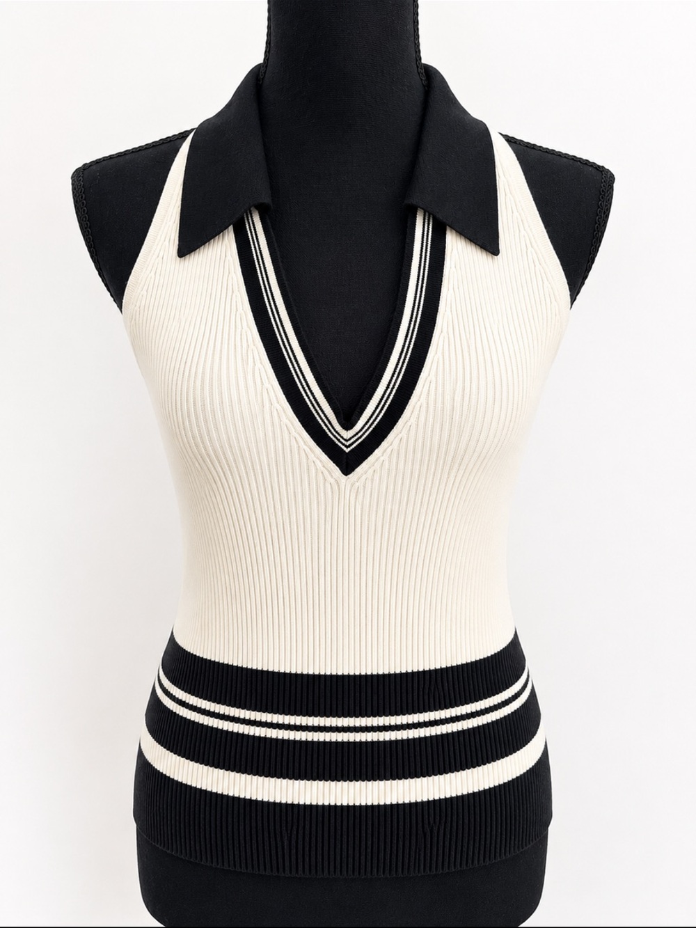 Caché Black & Cream Ribbed Collared V-Neck Sweater Vest Preppy Y2K